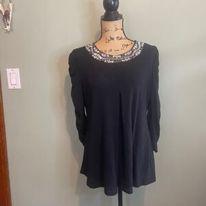 Glitterscape Womens Tunic Ruched Jeweled Beaded Sweater Blouse Black Large‎ USA